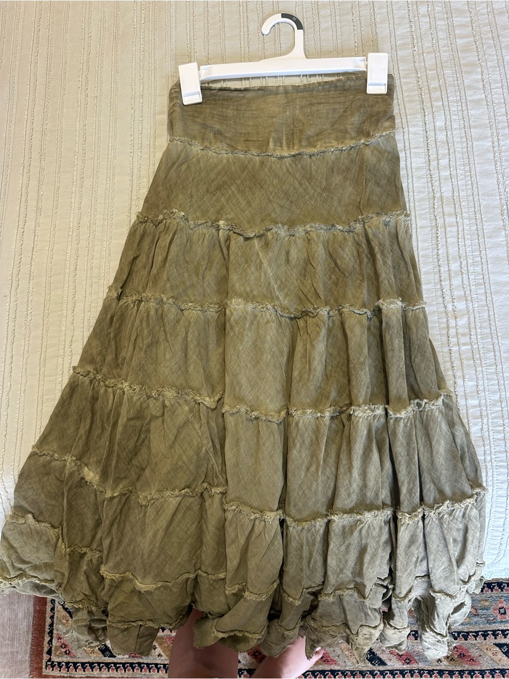 Free People Boho Tiered Midi Skirt in Olive Green